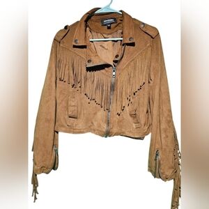 CoffeeShop Tan Faux Suede Fringe Jacket Size Large EUC 21 PTP 17 Length